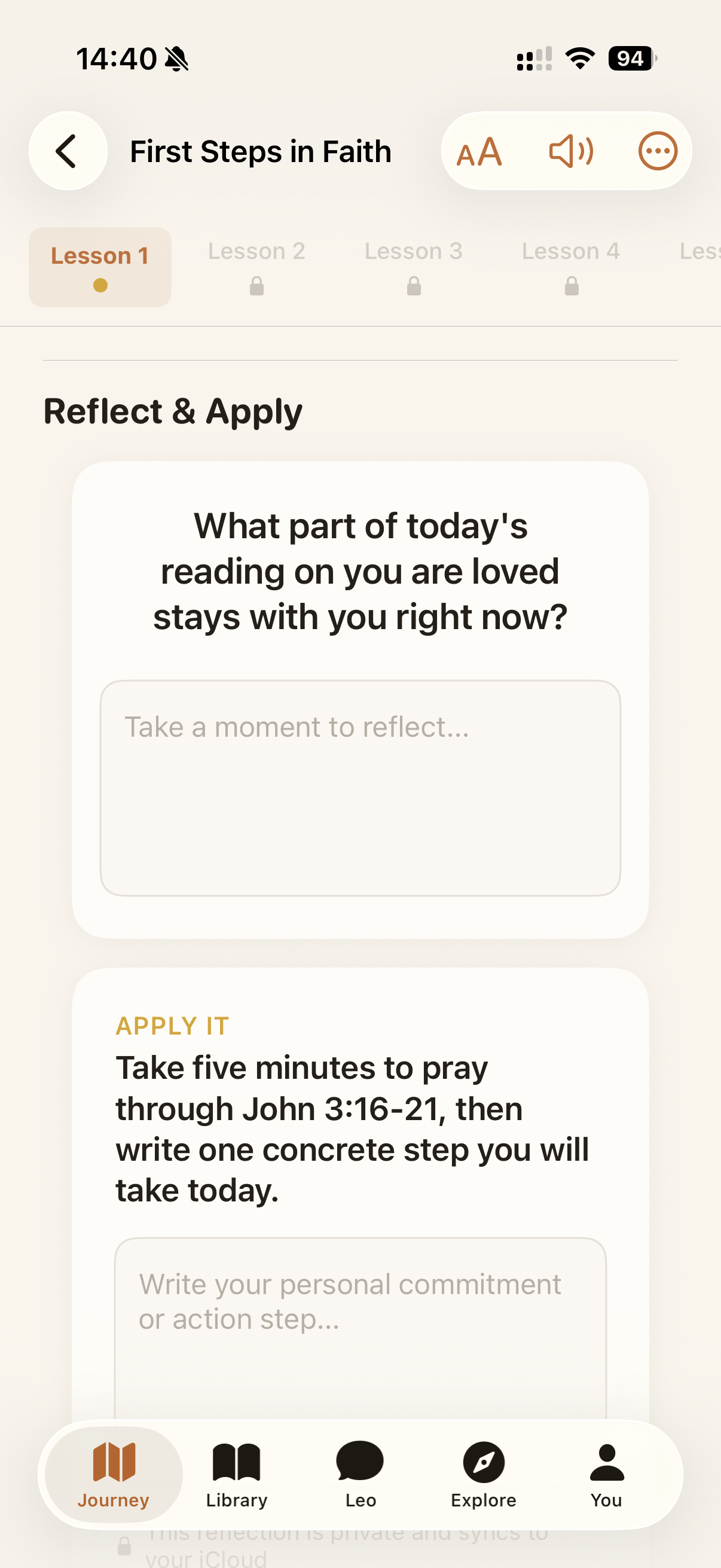 Reflect and apply prompts after each lesson